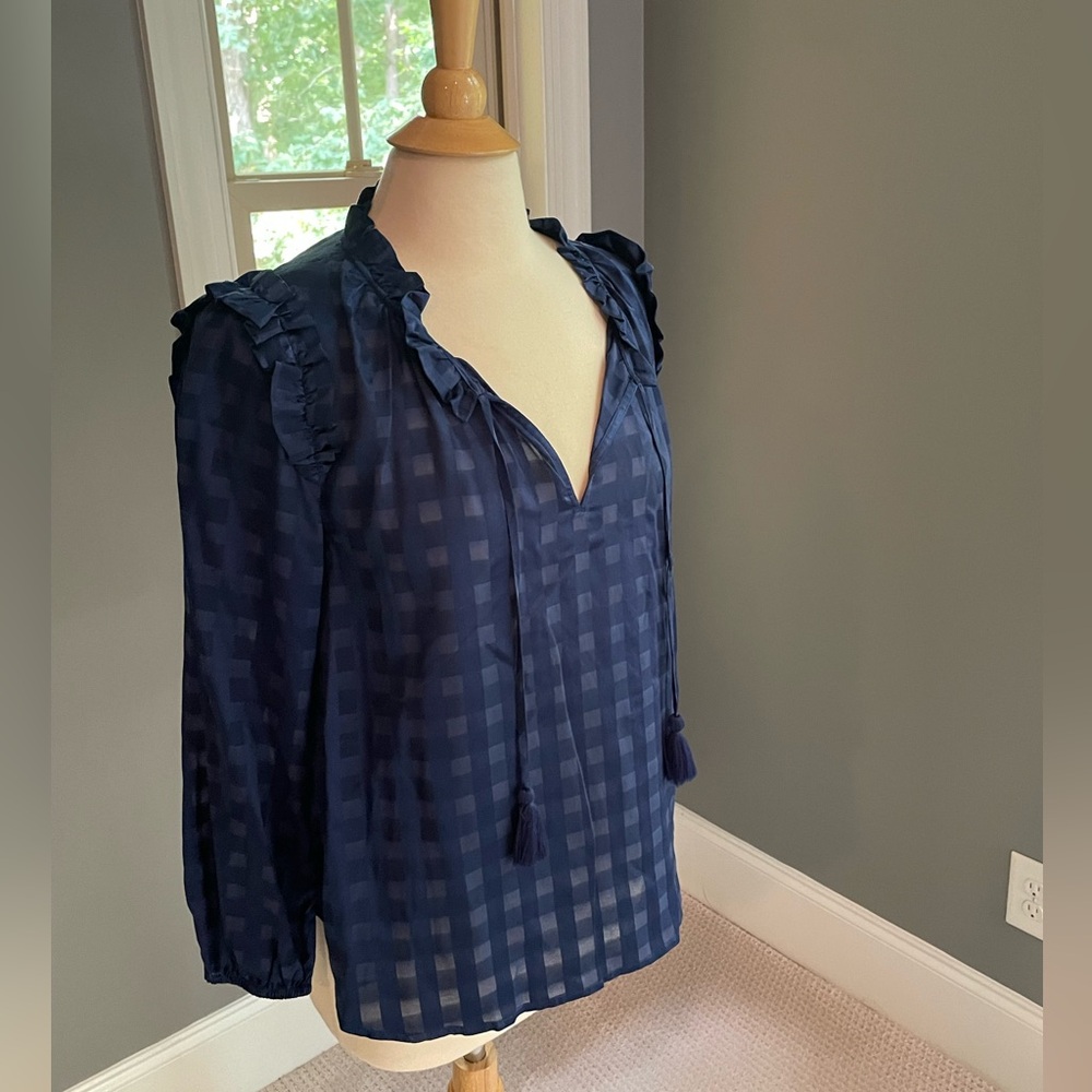 Vinyard Vines Small Navy Blouse- Ruffle Details, Tase Neck Tie
